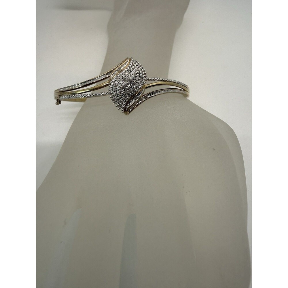 Designer SUN Gold Toned Hinged Bangle Pavé Diamond Centerpiece 925 Bracelet